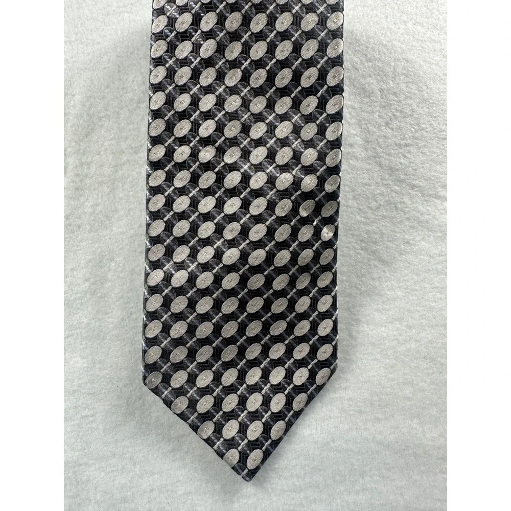 Ike Behar New York Mens‎ Silk Tie Silver Grey Black Geometric Oval Hand Tailored
